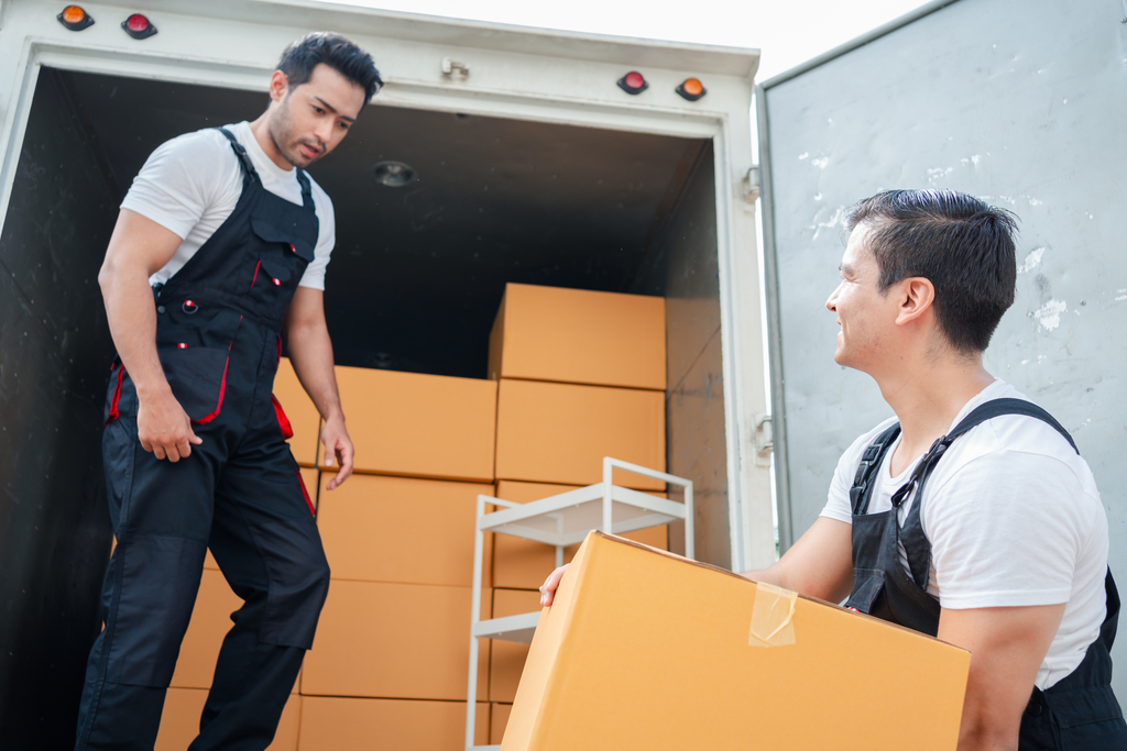 Two professional movers in overalls loading cardboard boxes into a moving truck during a residential relocation