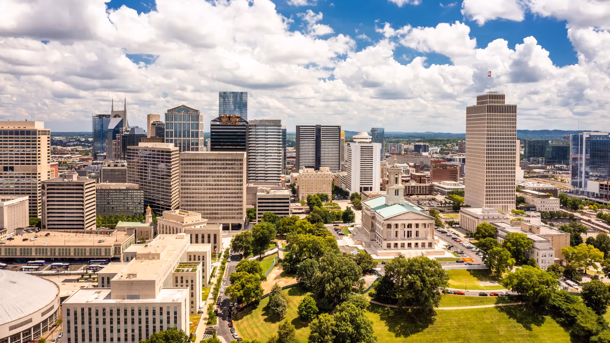 High-angle aerial view of the Nashville skyline and downtown city center