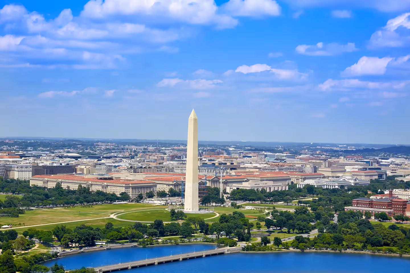 Aerial view of the Washington, D.C. skyline at dusk featuring the United States Capitol Building and the Library of Congress