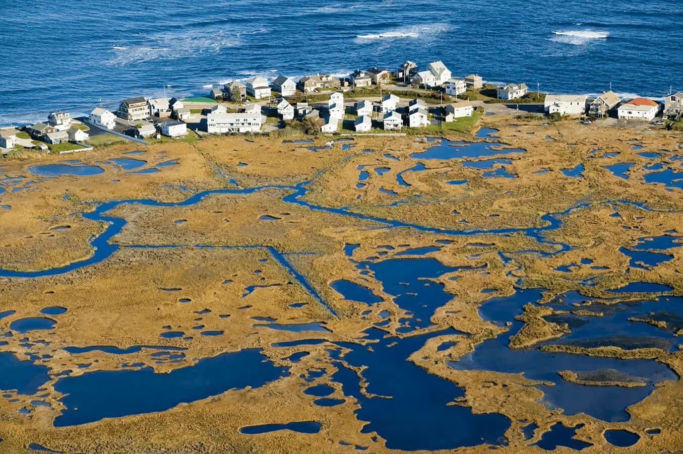 An aerial view of the Scarborough Marsh in Maine, showing winding blue waterways and salt marshes leading to a row of coastal houses along the Atlantic Ocean