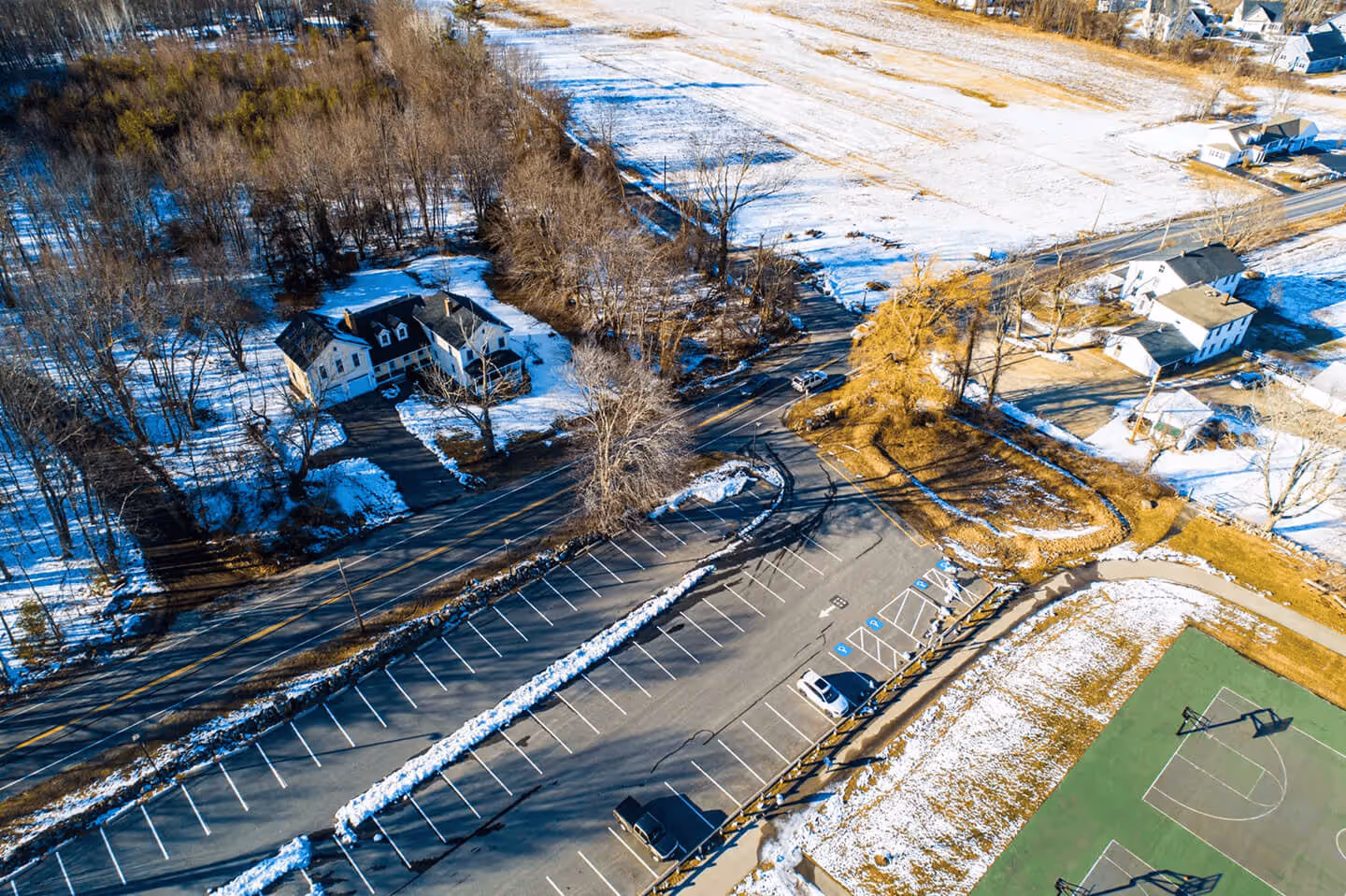 Aerial view of North Conway, New Hampshire, with the White Mountains beyond