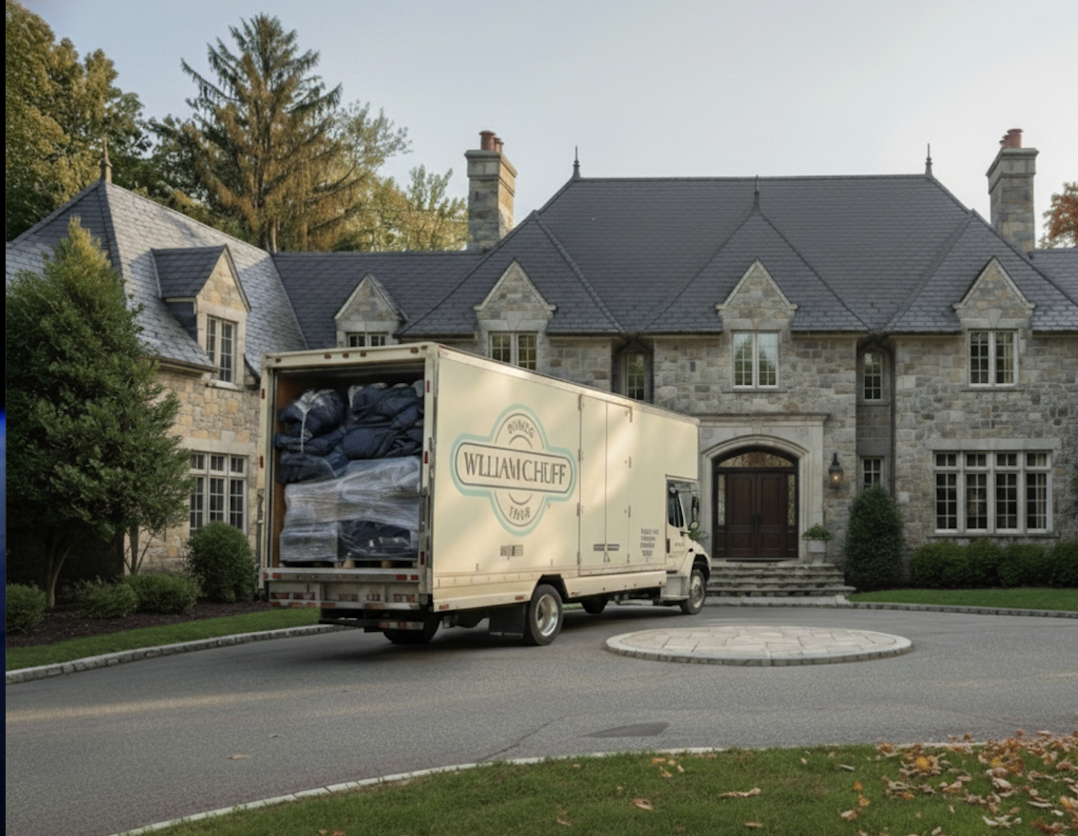 A William C. Huff moving truck loaded with protected furniture parked in the driveway of a large, luxury stone estate for a residential move