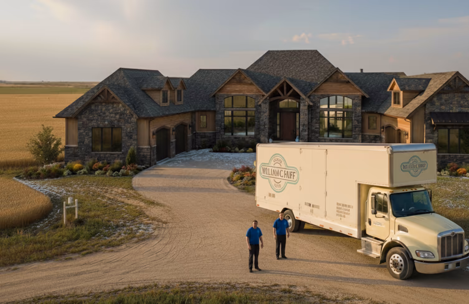 Aerial drone shot of a William C. Huff moving truck traveling on a scenic highway through the North Dakota landscape