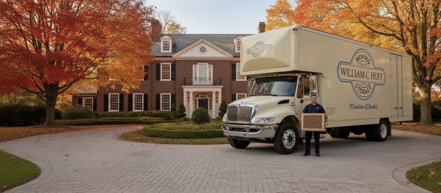William C. Huff moving truck parked in front of a luxury New England estate during the fall season