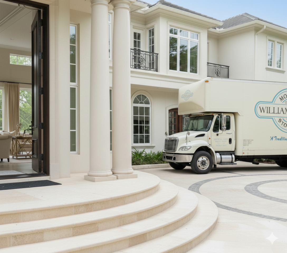 William C. Huff moving truck parked in the circular driveway of a luxury estate in Naples, Florida, for a white-glove residential move