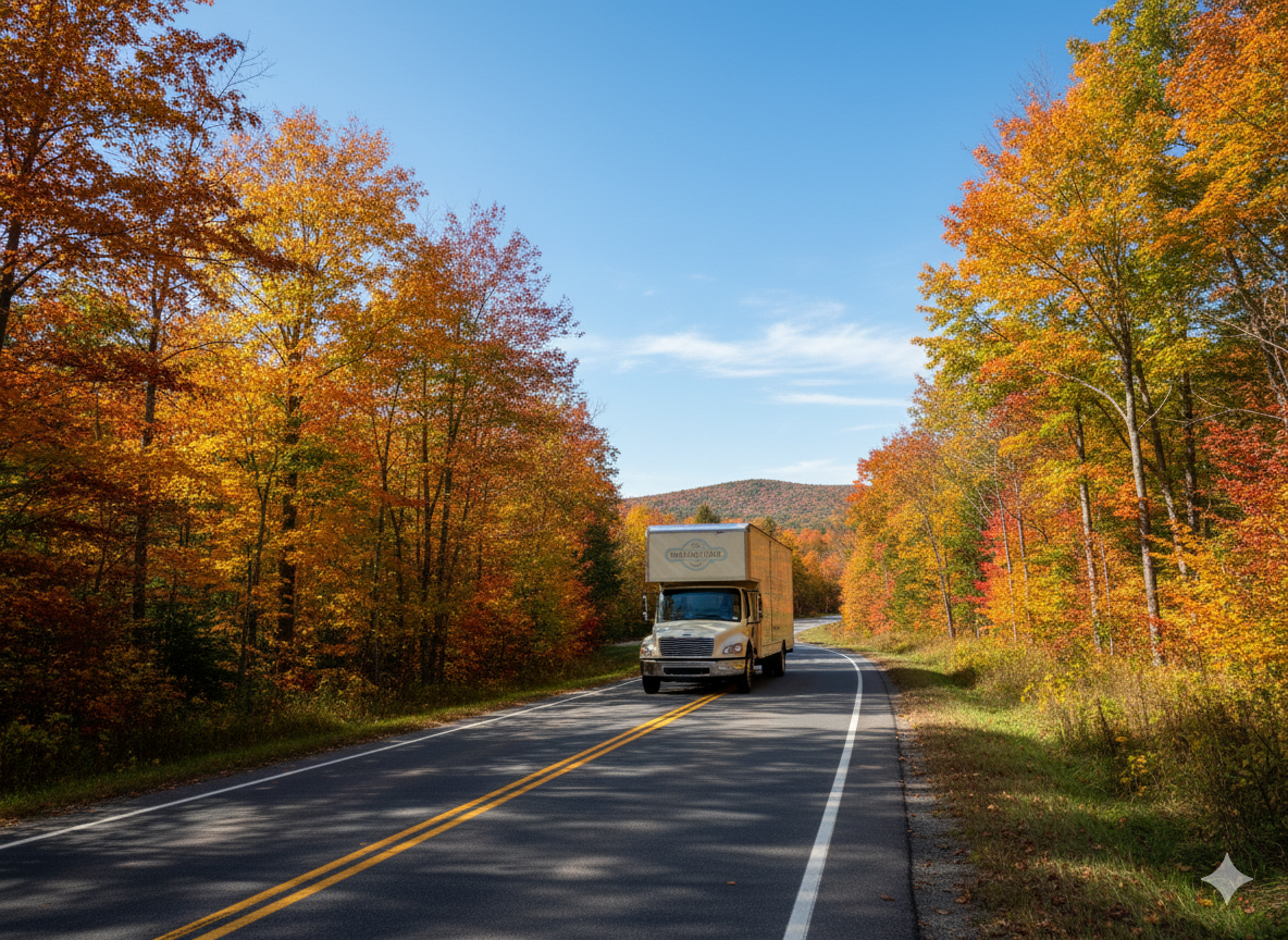 William C. Huff moving truck driving along a winding New England road lined with vibrant autumn trees