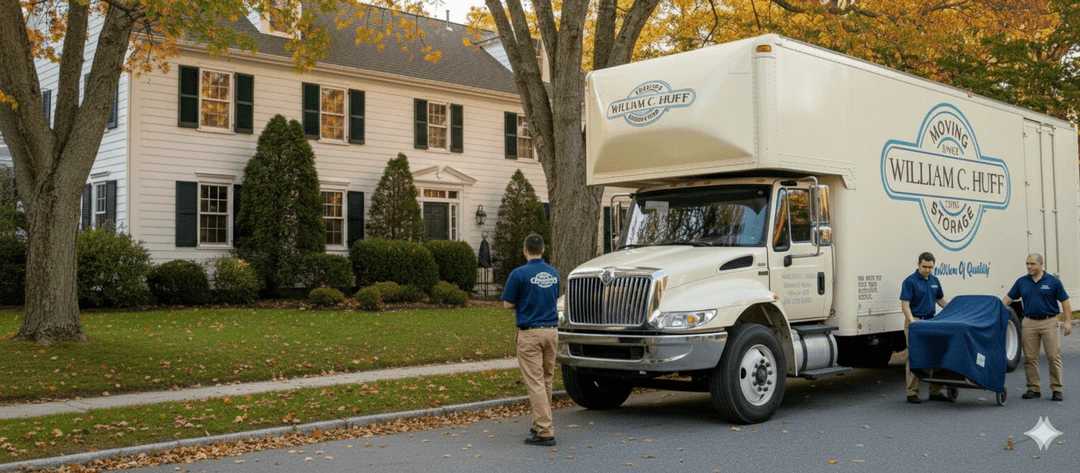 William C. Huff moving truck outside a colonial home in autumn