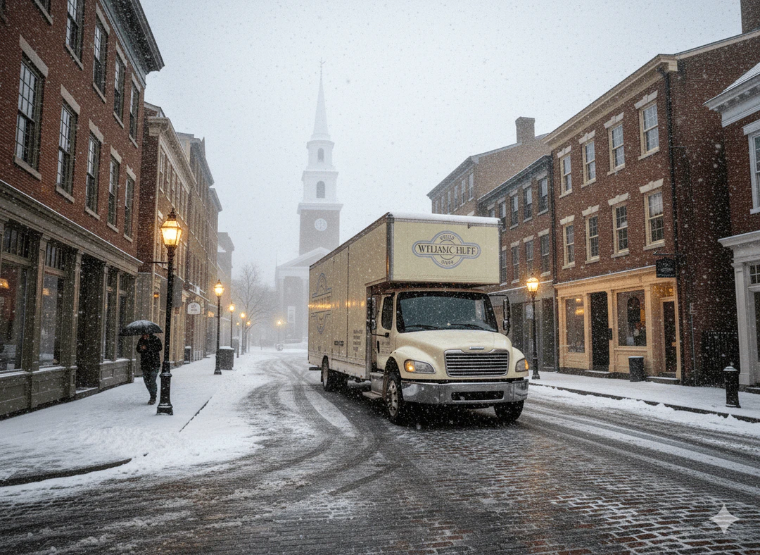 William C. Huff moving truck on a snowy historic street in New England