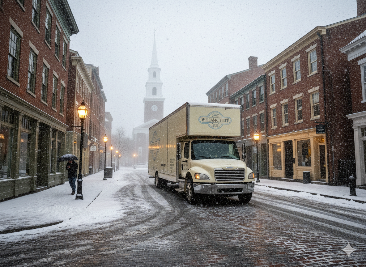 Winter exterior of the William C. Huff moving and storage facility in Portsmouth, New Hampshire, with snow on the ground
