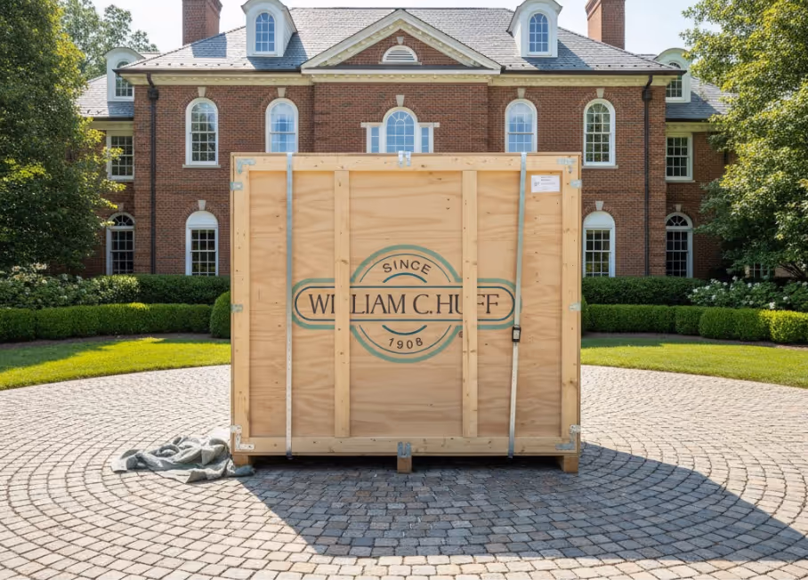 William C. Huff team members carefully loading a high-value item into a custom wooden crate for secure transport