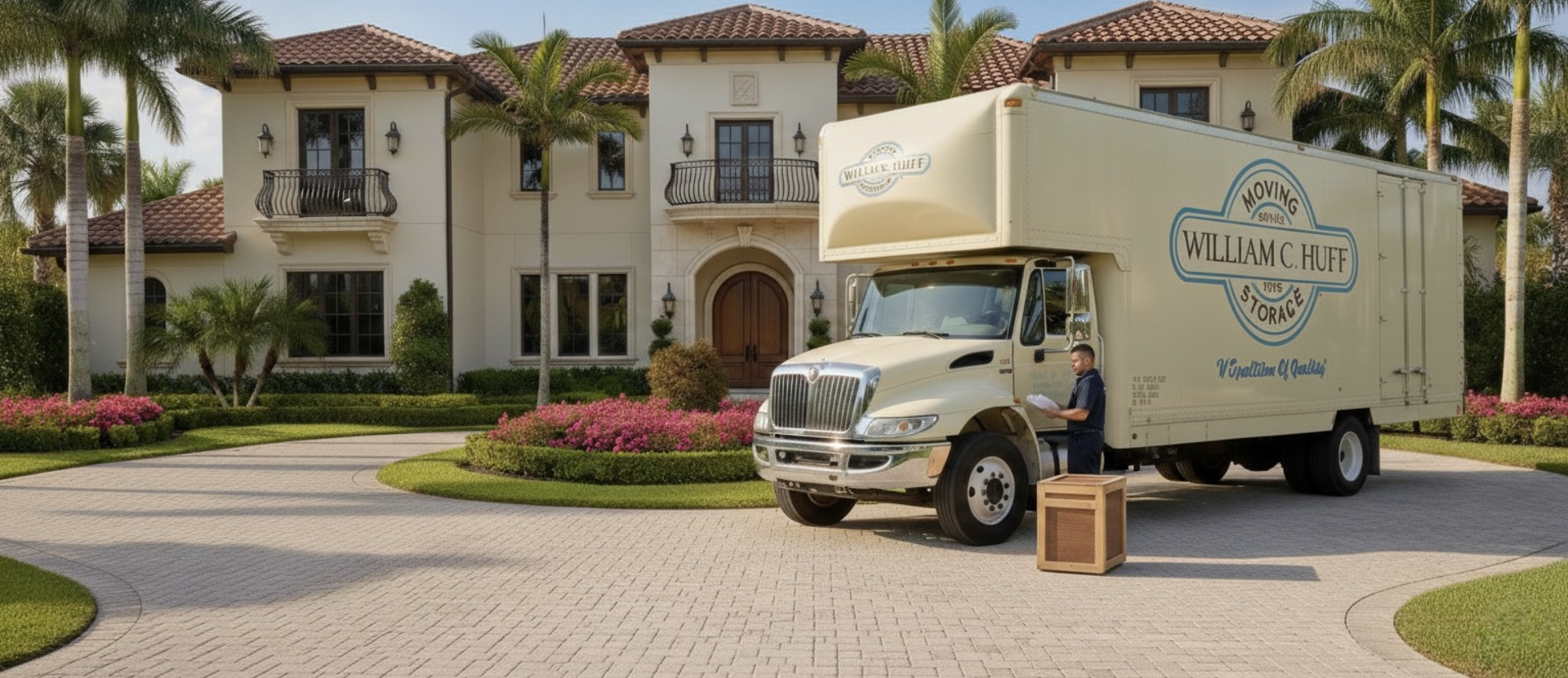A professional mover carefully unloading a shipping crate at a residential property for a home delivery
