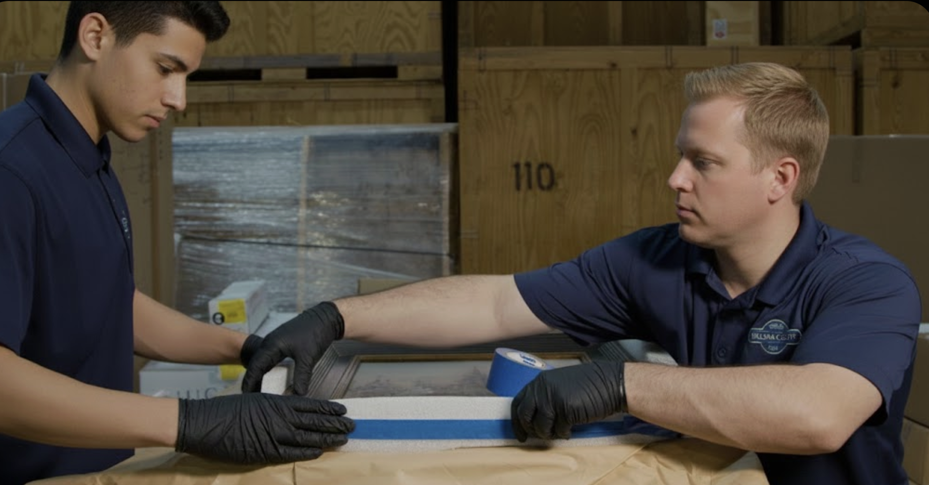 A William C. Huff professional mover carefully maneuvering a large shipping crate in a commercial warehouse