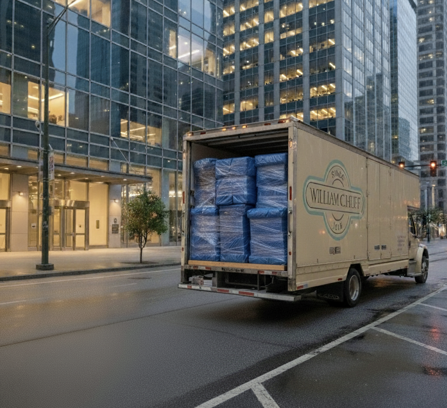 A William C. Huff moving truck parked in front of a modern glass office building for executive relocation services