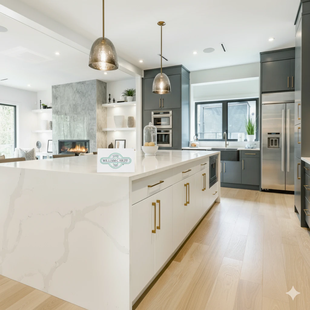 Finished modern kitchen with white cabinetry and a marble island