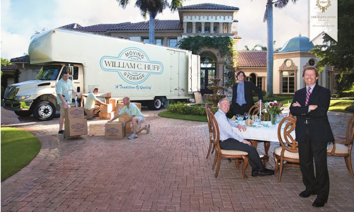 William C. Huff professional movers and executive team showcasing luxury moving services at a Mediterranean-style estate