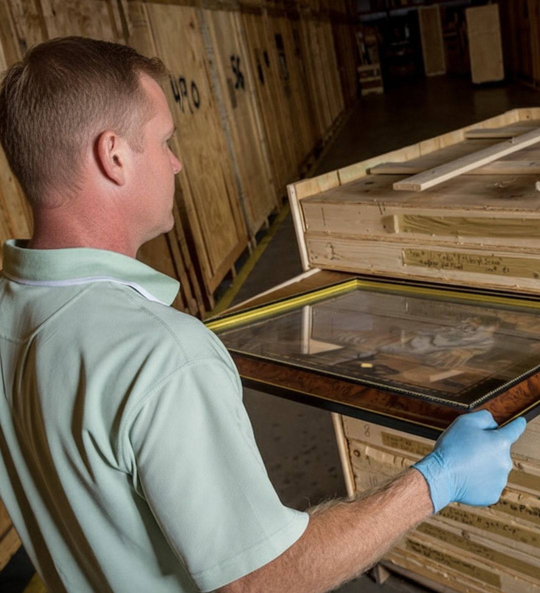 William C. Huff specialist in gloves measuring a framed artwork in the warehouse