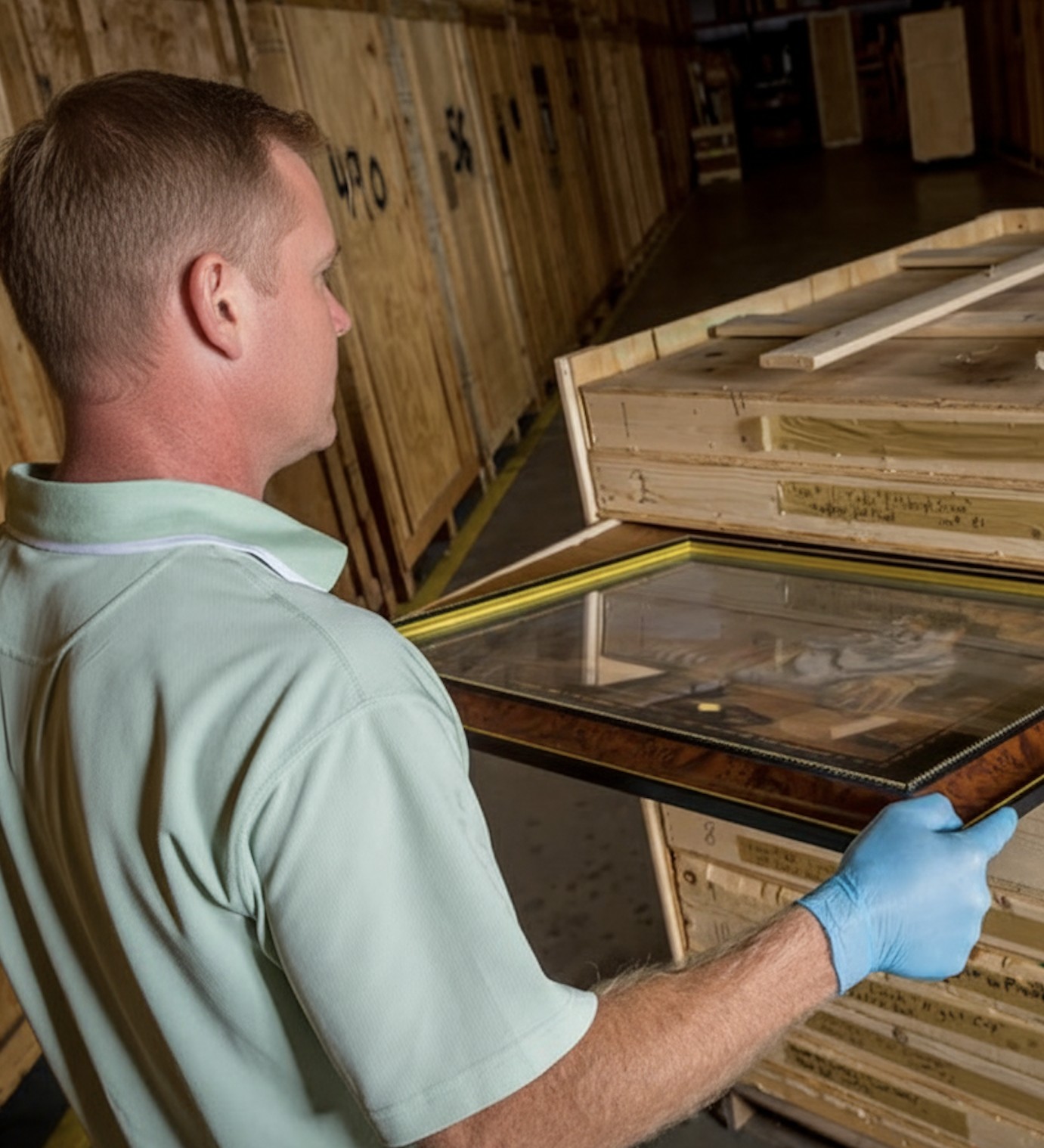 William C. Huff professional handling a framed artwork with gloves in a secure climate-controlled storage facility