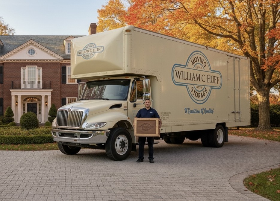 William C. Huff moving truck and specialist outside a brick New England home in autumn
