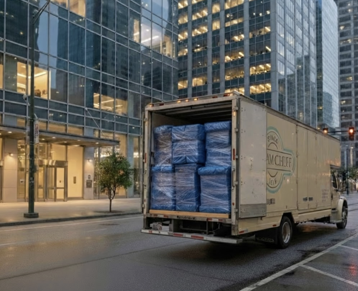 A William C. Huff moving truck with open rear doors showing packed and wrapped furniture on a city street