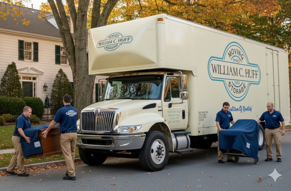 William C. Huff professional movers carefully loading furniture into a large white moving truck in a residential neighborhood