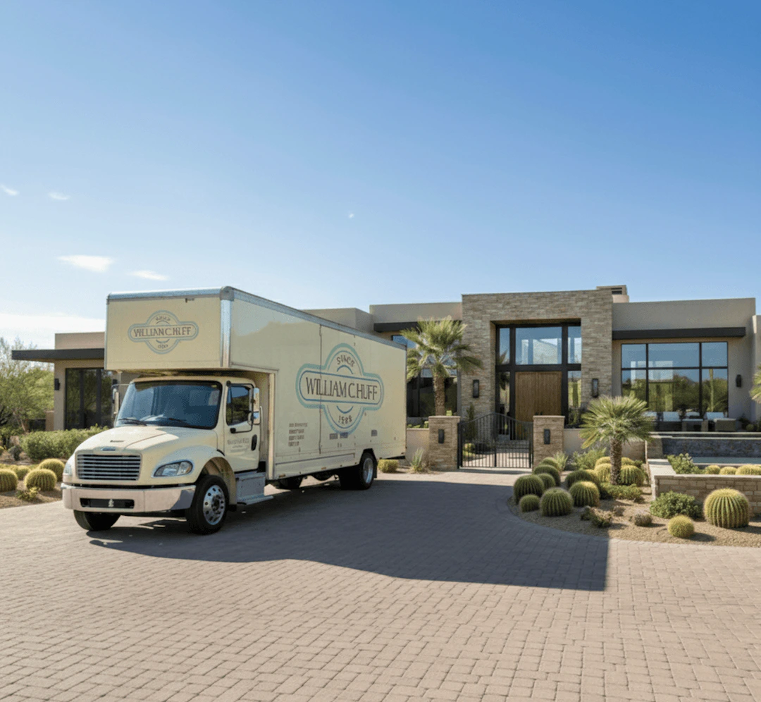 William C. Huff moving truck outside a modern home with desert landscaping