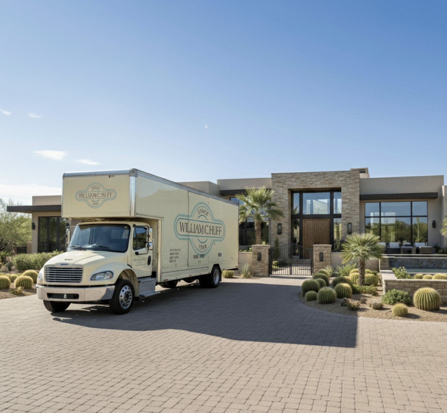William C. Huff moving truck parked in the paved driveway of a modern desert estate with cactus landscaping