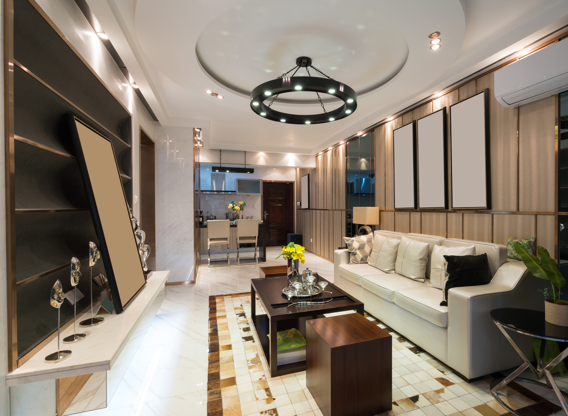 Formal living room in a larger residence with open wall space prepared for an art collection