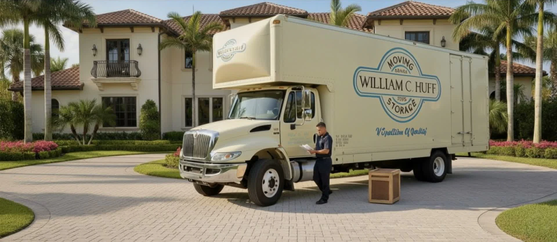 William C. Huff moving truck outside a home