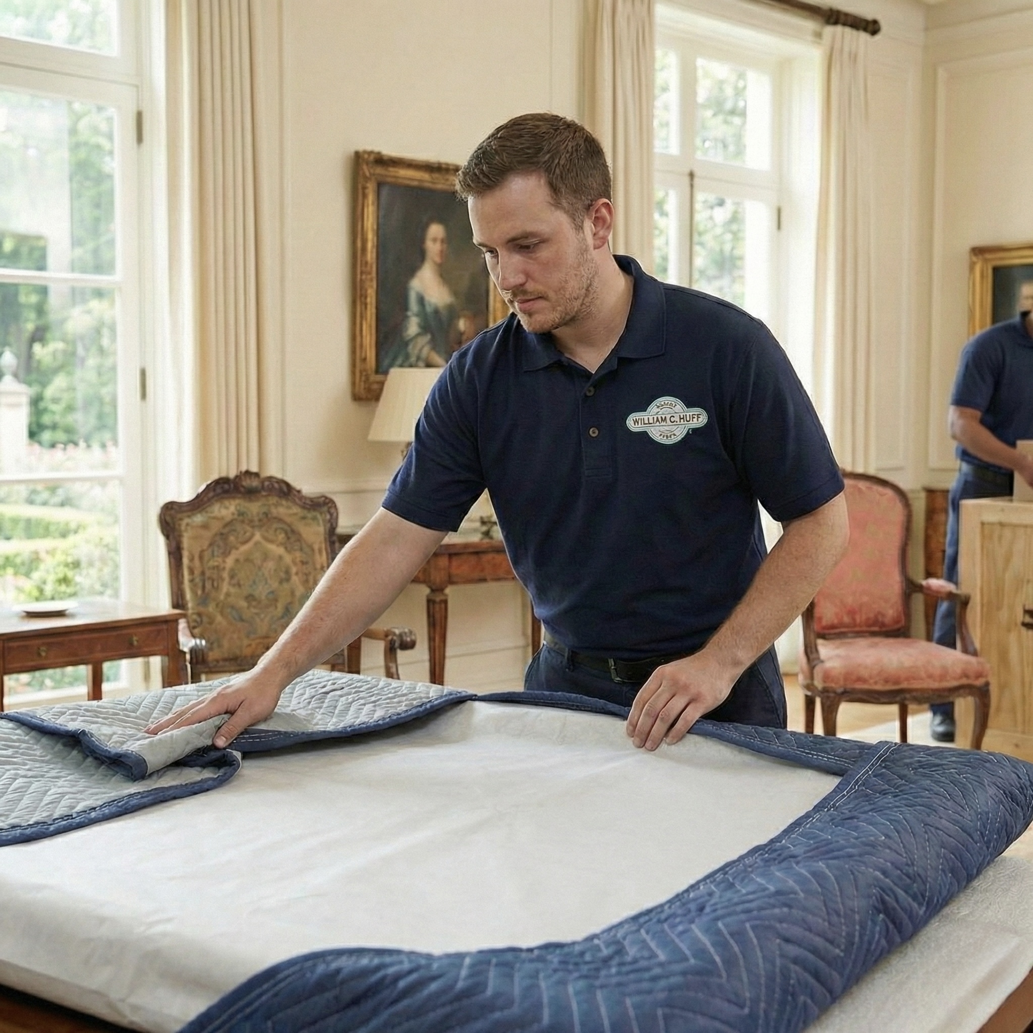 Professional William C. Huff mover carefully wraps a piece of fine art with protective moving blankets