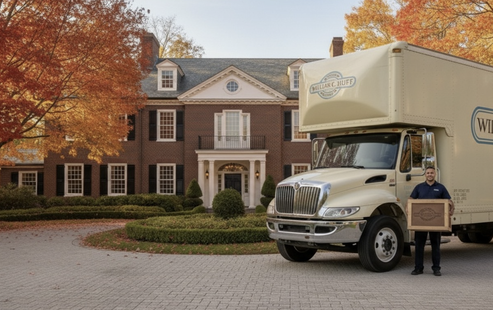 A William C. Huff white glove moving truck and mover standing in front of a luxury brick estate during autumn