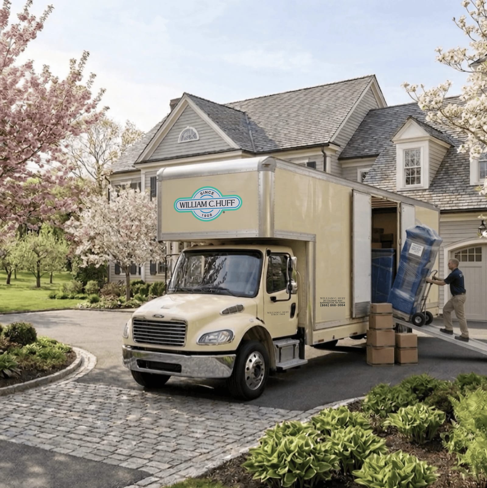 William C. Huff moving truck and crew at a New England home in spring